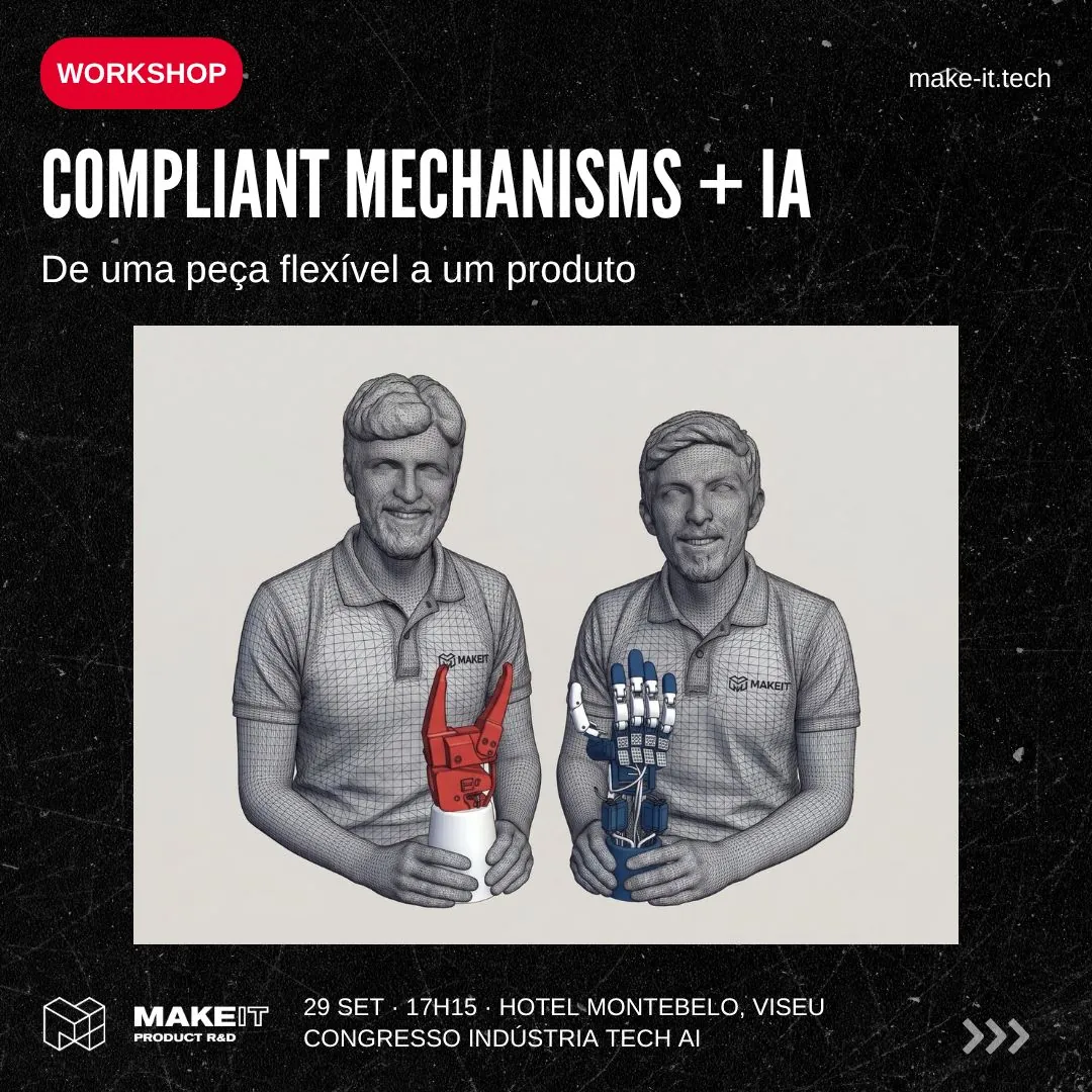 Cartaz do workshop Compliant Mechanisms + IA, com bustos impressos em 3D dos dois co-fundadores